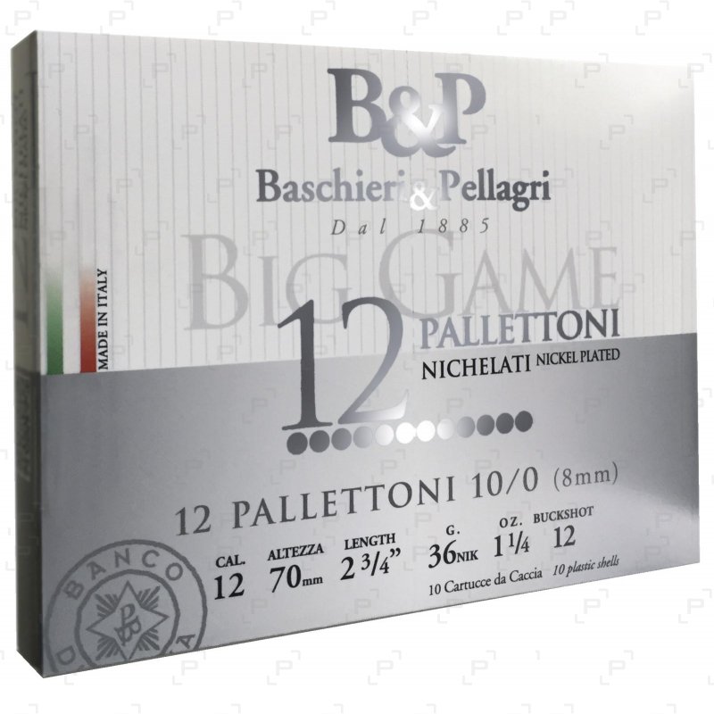 Cartouches chevrotines BASCHIERI & PELLAGRI CAL 12/70 - BIG GAME 12 PALLETTONI NICKEL PLATED