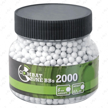 Pot de 2000 billes plastiques blanches 0,20 g airsoft COMBAT ZONE BASIC Calibre 6 mm